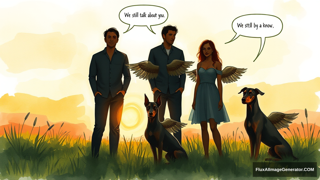 Messy, expressive watercolor illustration: 4 silhouetted figures—2 male, 2 female—stand in a lush meadow at golden hour. 3 ethereal, winged dobermans sit beside them. Speech bubbles float above: "We still talk about you" (human), "We know" (dog). Nostalgic atmosphere, loose brushstrokes convey wistful longing.