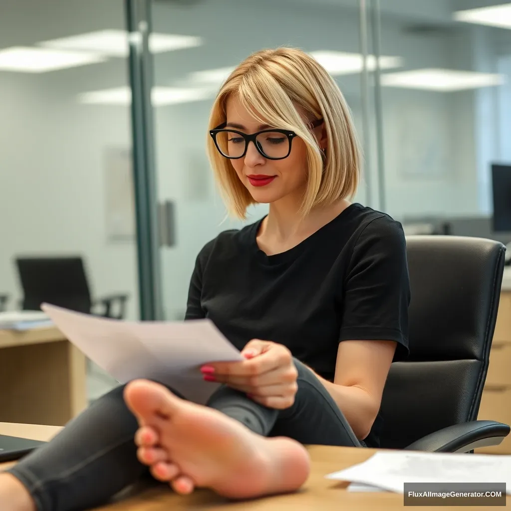 A woman in her 30s with blonde bob hair, wearing black-rimmed glasses and red lipstick, is sitting at her desk in an office reading a note. She is dressed in skinny dark grey jeans and a black t-shirt, resting her feet on the table, with her toes visible.