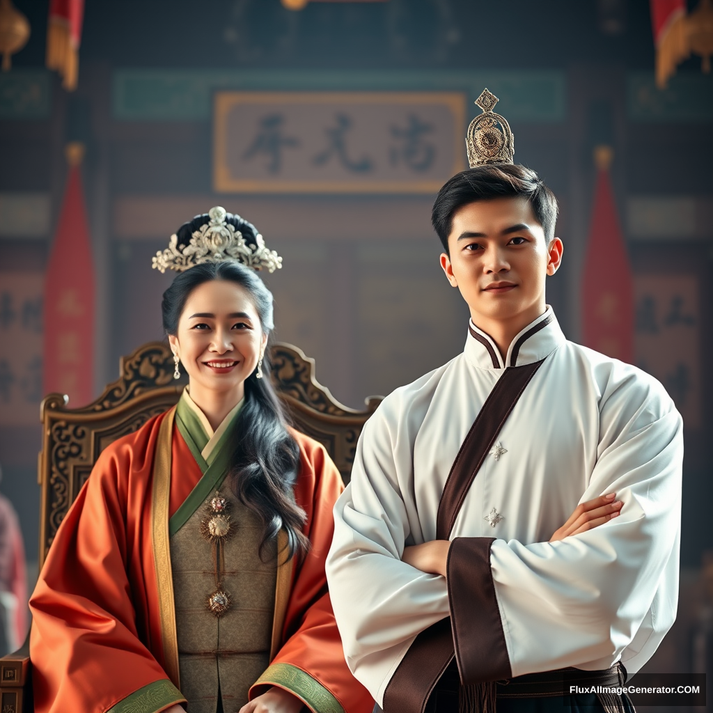 A middle-aged woman, a young man, the woman sits on the throne, the man stands in front of the throne, the woman smiles, the man looks haughty, during the day, in the grand hall of the palace, Chinese ancient style, Chinese ancient style.