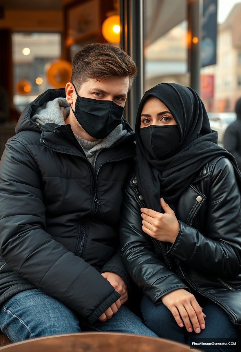 Jamie Dornan, handsome, young, wearing a black face mask, a snow jacket, and jeans, on a romantic date with a beautiful Muslim girl in a black hijab with beautiful eyes. She is also wearing a black face mask and a black leather jacket. They are sitting at a café near a glass window in town, in a photorealistic style, capturing street photography.