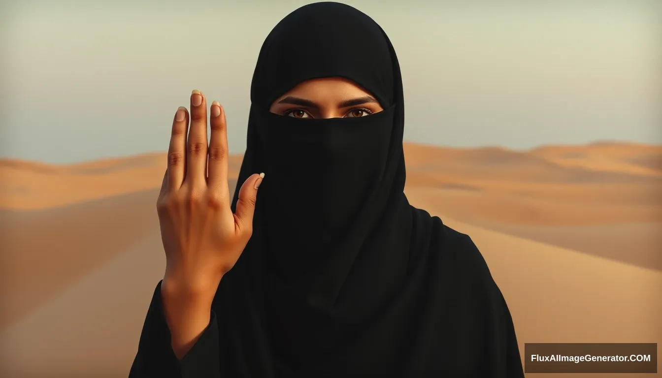 Woman alone, in the desert, palms covered by black cloth, wearing long niqab, neck covered by perfect hijab. realistic, full body, oil painting.