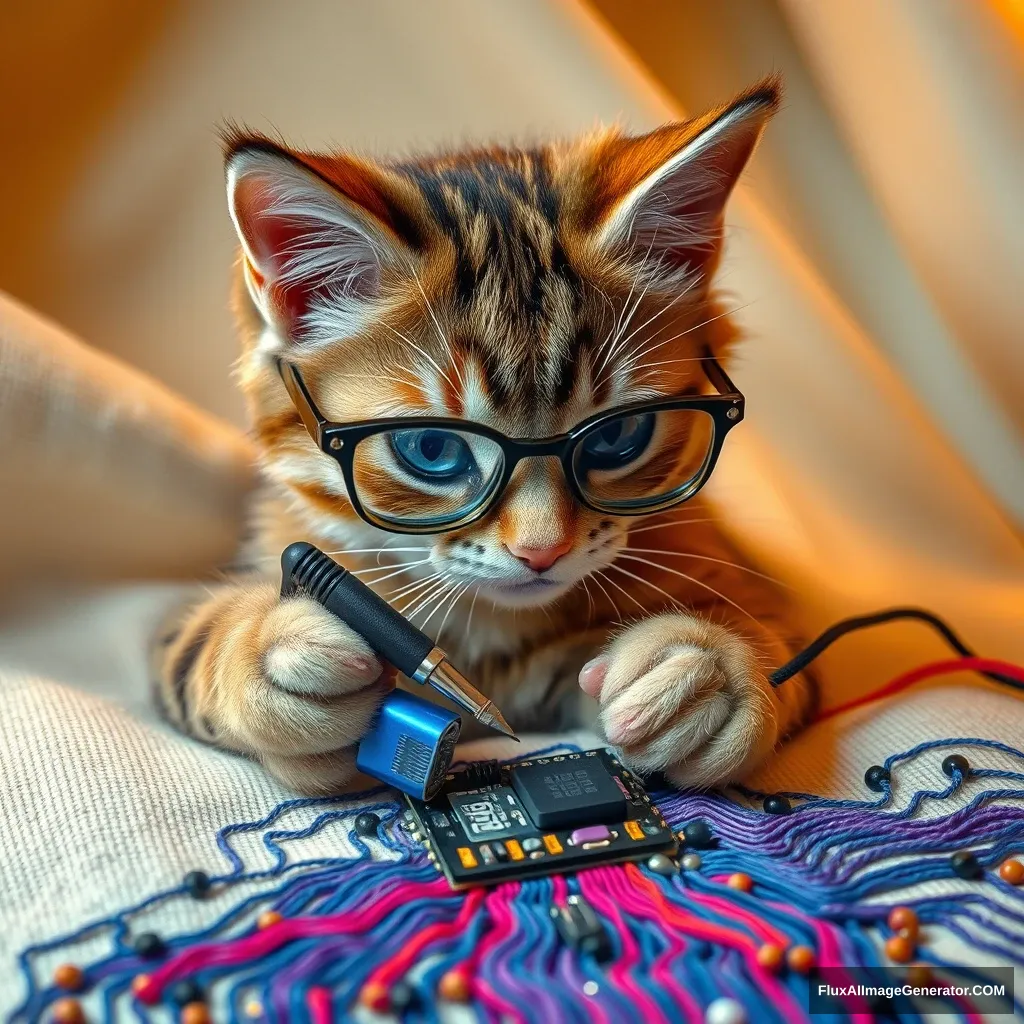 A mischievous tabby cat, wearing tiny spectacles, meticulously solders a circuit board with a miniature iron. Vibrant threads weave intricate patterns, mimicking electronic pathways. Soft fabric backdrop, warm lighting. Delicate French knots form components. Style: Hyper-realistic embroidery art, blending traditional craftsmanship with modern technology. - Image