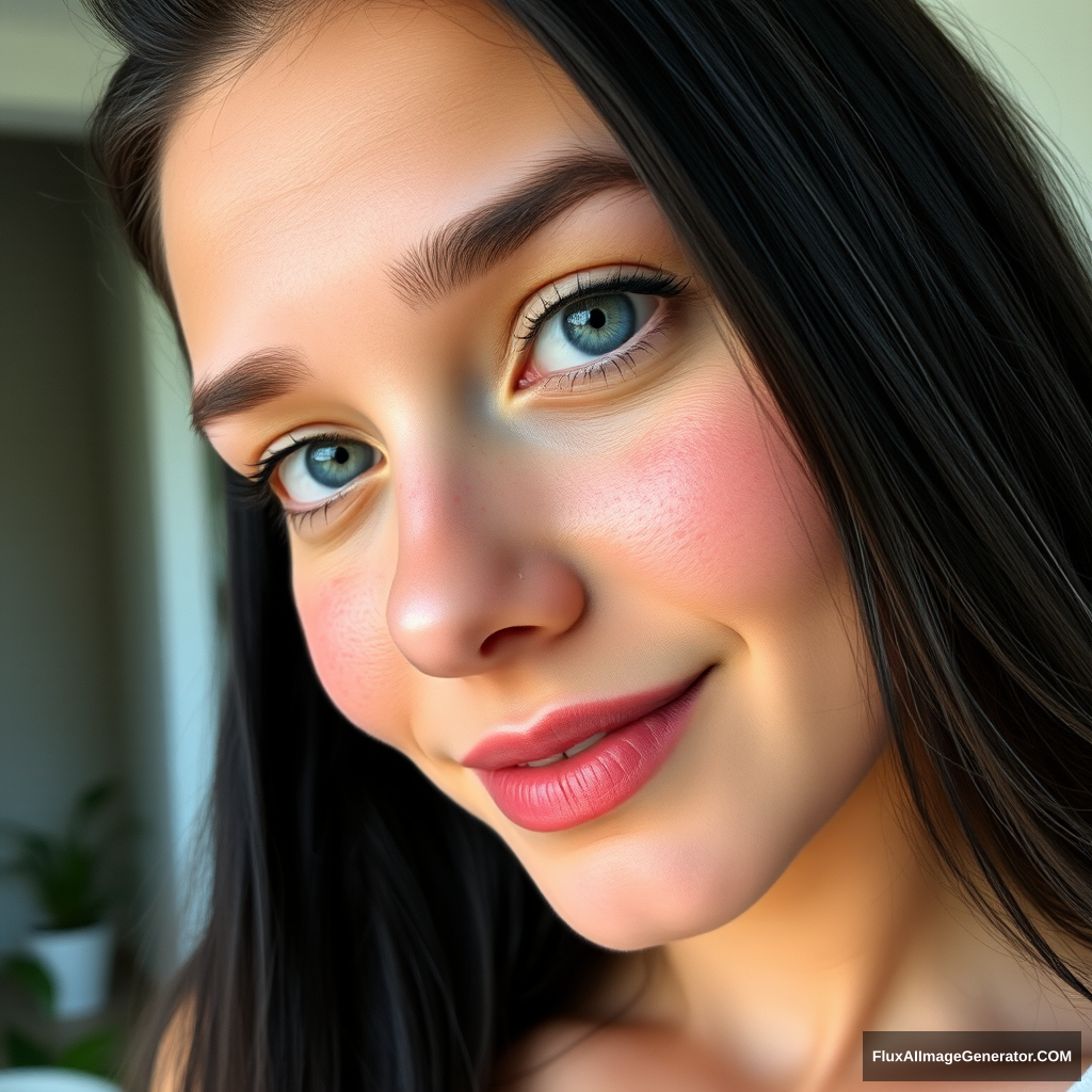 Instagram selfie, a 23-year-old gorgeous woman, slight smile, detailed skin face and eyes, natural lighting, at home, long hair, film grain, low contrast, natural face, freckles, black hair, blue eyes, dark circles under eyes. - Image