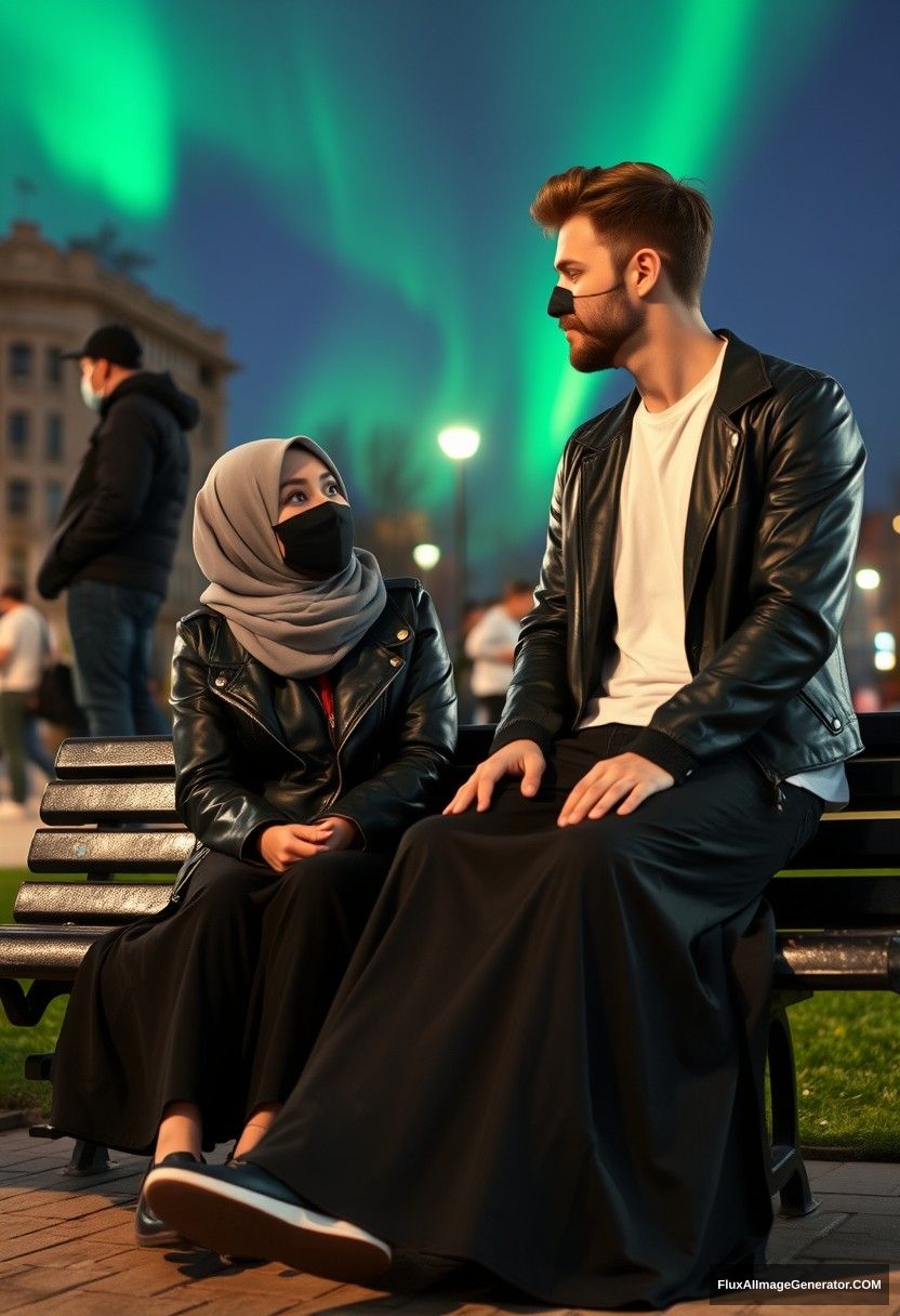 Jamie Dornan, tall, young, black face mask, white Nike T-shirt, jeans,

dating love romantic with a grey hijab Muslim girl, beautiful eyes, black face mask, leather jacket, very long and big skirt, not a tall girl,

sitting on a park bench together, talking to each other, in town, strangers in the background, photorealistic, street photography, selfie photos, night scenery, aurora borealis. - Image