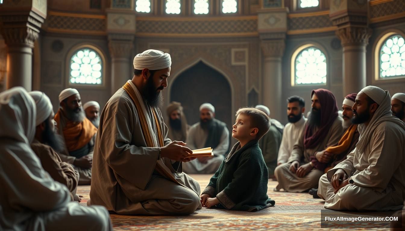 Tamim ad-Dari is recounting his experience to a young boy in a peaceful mosque setting, with the Prophet surrounded by his companions, all listening attentively. Ultra HD, realistic, serene, with warm and cinematic lighting.