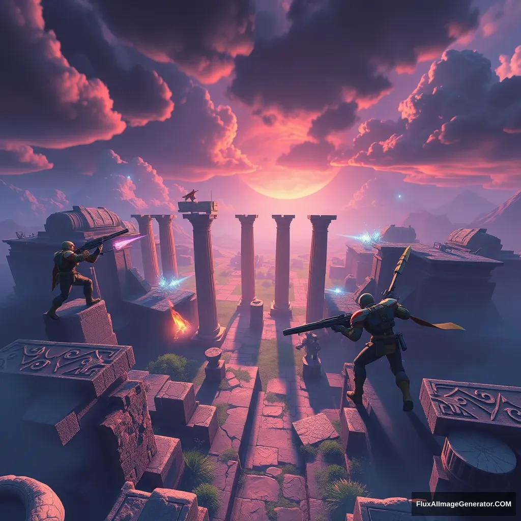 "MAKE SOMETHING COOL THAT LOOKS LIKE A VIDEO GAME. IT'S A 6V6 GAME AND YOU SHOW SOME OF THE PLAYERS ATTACKING, SOMETHING LIKE PALADINS OR OVERWATCH. SHOW COOL ABILITIES, AND FROM A HIGH VIEWPOINT. THE MAP SHOULD BE COOL AND LIKE A GREEK RUIN." - Image