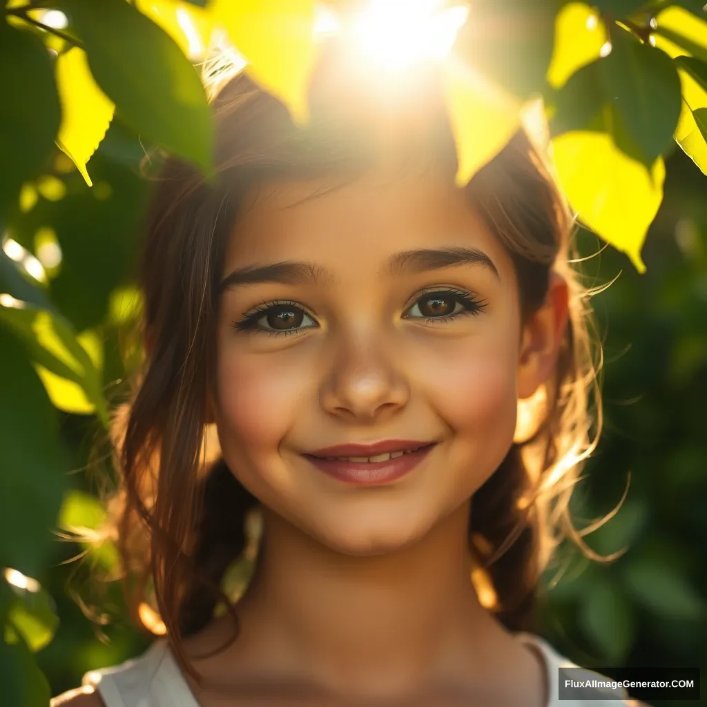 Sunlight filters through the gaps in the leaves, casting a warm glow on the face of a girl with a confident smile. Her eyes are filled with determination and tenderness, as if saying, "This is me, the one and only me." - Image