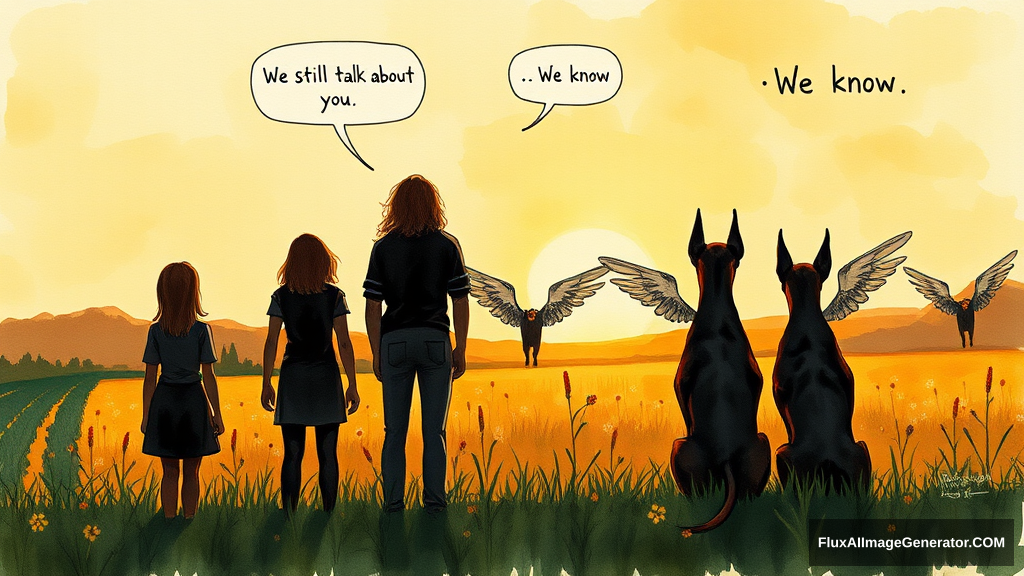 Messy, expressive watercolor illustration: 4 silhouetted figures—2 male, 2 female—stand in a lush meadow at golden hour. 3 ethereal, winged dobermans sit beside them. Facing away from the viewer. Speech bubbles float above: "We still talk about you" (human), "We know" (dog). Nostalgic atmosphere, loose brushstrokes convey wistful longing.