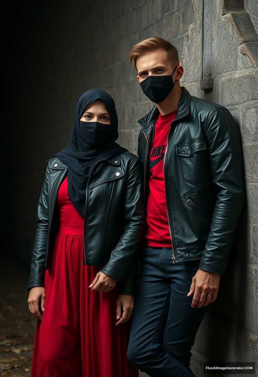 A biggest black hijab girl, beautiful eyes, face mask black, black leather jacket, biggest red longest dress, not tall,

Jamie Dornan, handsome, face mask black, fit and tough body, Nike red t-shirt, black leather jacket, jeans, tall man, leaning against the wall together

Hyper realistic, photorealistic, studio photography, Victoria's abandoned castle, gloomy. - Image