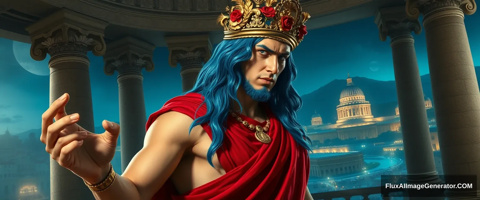 Young evil Roman emperor, dressed in a red toga, with long blue hair and a golden floral crown. He is in a powerful holding pose, with one hand supine and grasping. The room he is in is in ancient Roman imperial style, with huge pillars and a grand view of the ancient city by night. Realistic style, good anatomy, masterpiece. - Image