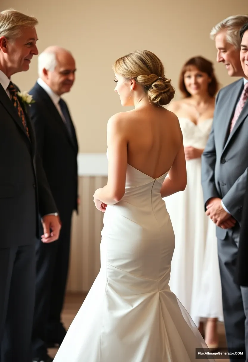 A short young woman, sensitive, delicate, backless strapless side-less low-waisted contouring wedding dress with loose front. Fawning obediently mingling with fathers. Expectations. Perfect posture. Pale skin. - Image