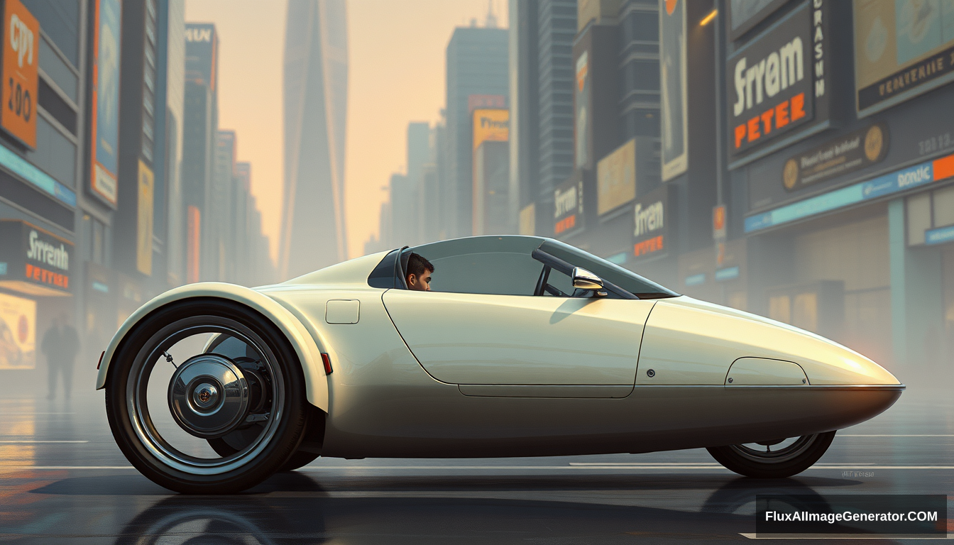 3/4 shot, a three-wheeled car having exactly 1 rear wheel, as painted by Syd Mead, future city setting, 4k.