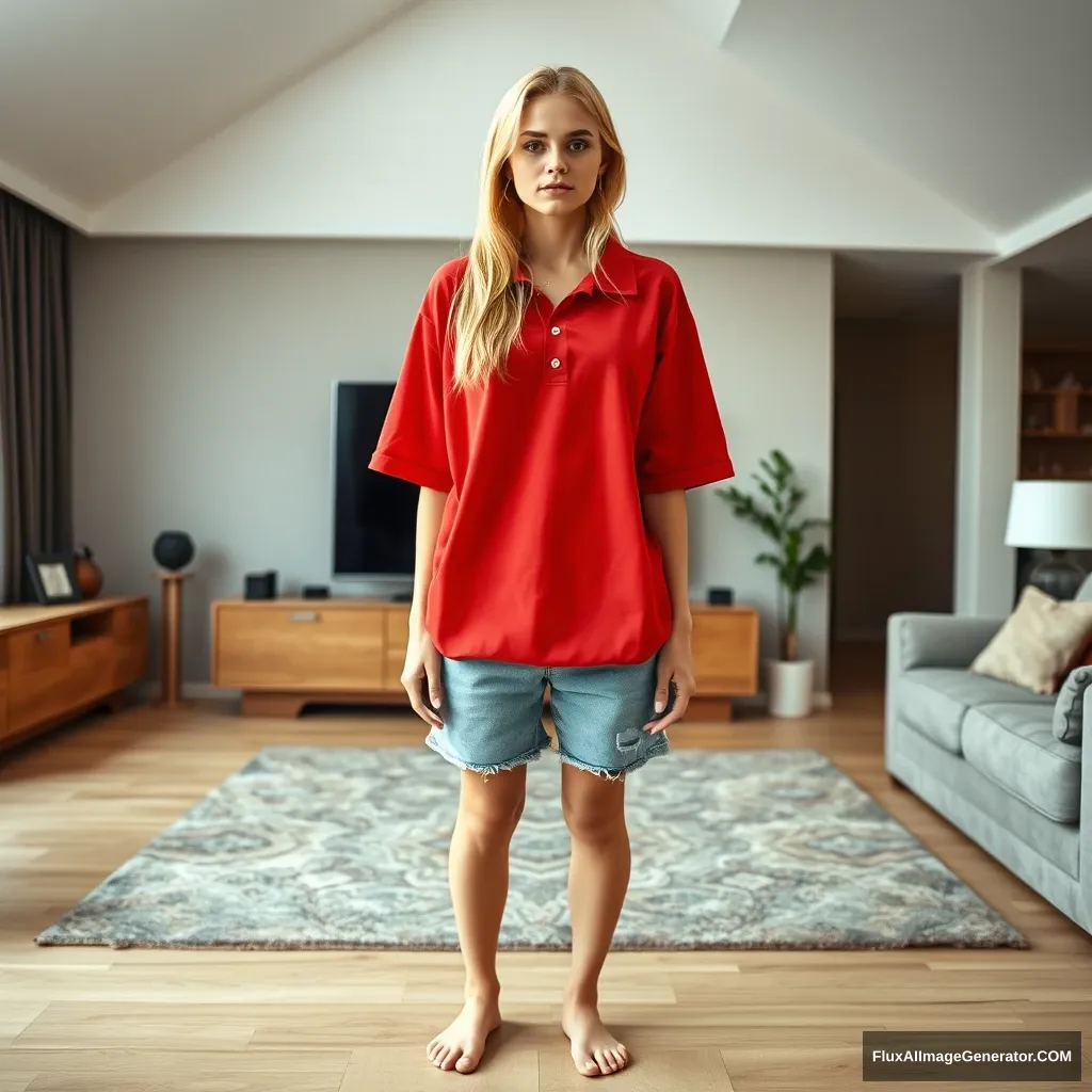 Front view of a young blonde skinny woman who is in her early twenties in her massive living room wearing a massively oversized red polo t-shirt that is slightly off balance on one of the shoulders, with the bottom part tucked in. She is also wearing light blue denim shorts and is barefoot, standing in front of her TV with both arms straight down.