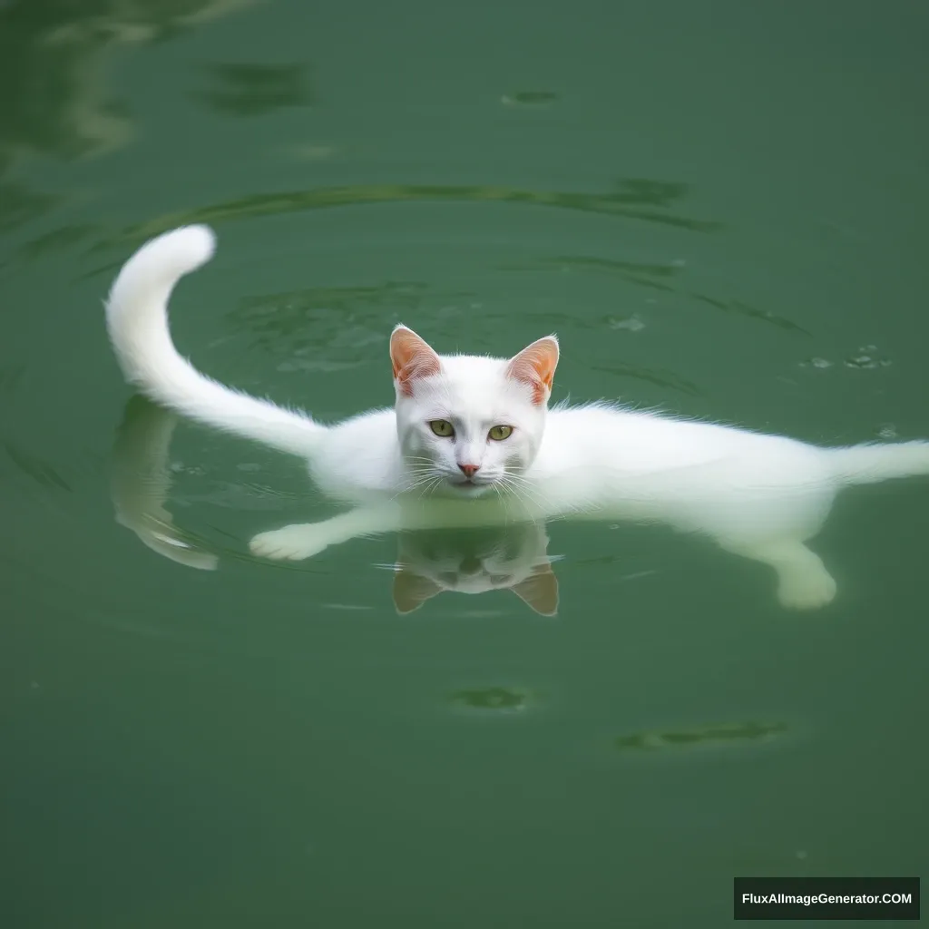 White cat swimming in water.