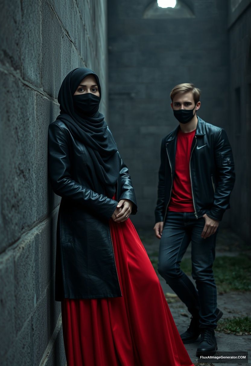 A biggest black hijab girl, beautiful eyes, face mask black, black leather jacket, biggest red longest dress, untall,

Jamie Dornan, handsome, face mask black, fit and tough body, Nike red t-shirt, black leather jacket, jeans, tall man, standing lean at wall together

Hyper realistic, photorealistic, studio photography, Victoria's abandoned castle, gloomy, darkness.