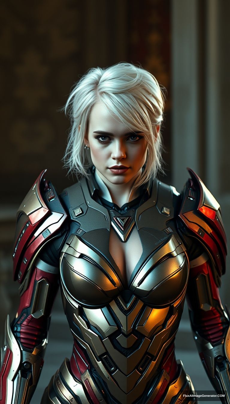 Emma Watson with platinum colored hair wears Iron Man styled armor, metallic boots, huge breasts, 8K, Unreal Engine.