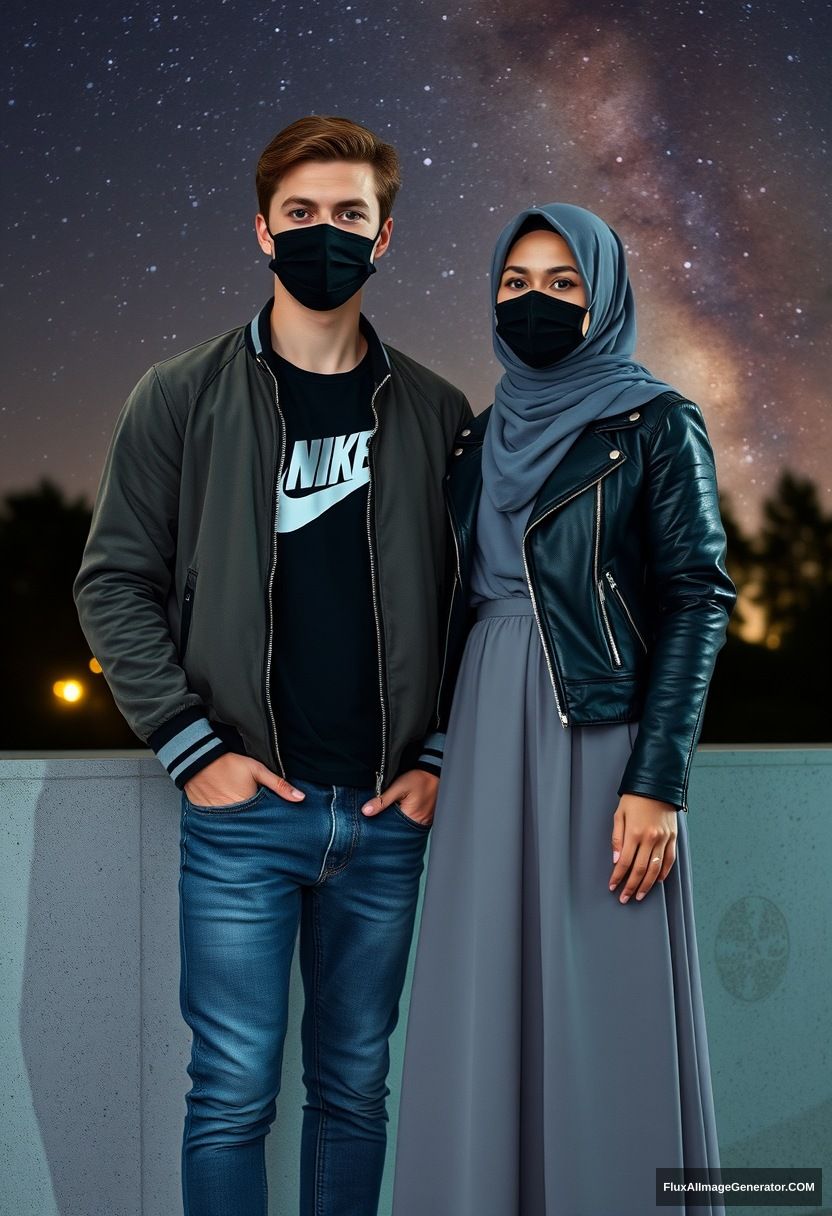 Jamie Dornan, youngest, black face mask, collage jacket, Nike t-shirt, jeans, tall man, fit body,

Dating, love with the biggest grey hijab Muslim girl, beautiful eyes, black face mask, leather jacket, biggest longest skirt, cute not tall girl,

standing at the wall, night scenery, Milky Way, hyper-realistic, photorealistic, street photography.