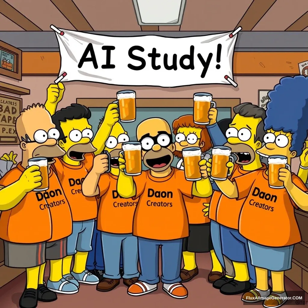 The image depicts a group of characters in a style similar to "The Simpsons," celebrating together. They are all holding mugs of beer and cheering. They are wearing matching orange shirts with the text "Daon Creators" written on them. Above the group, there is a banner that reads "AI Study!" The scene takes place in a casual indoor setting, likely a bar or a study room converted for a celebratory event. The atmosphere is festive and jovial. - Image