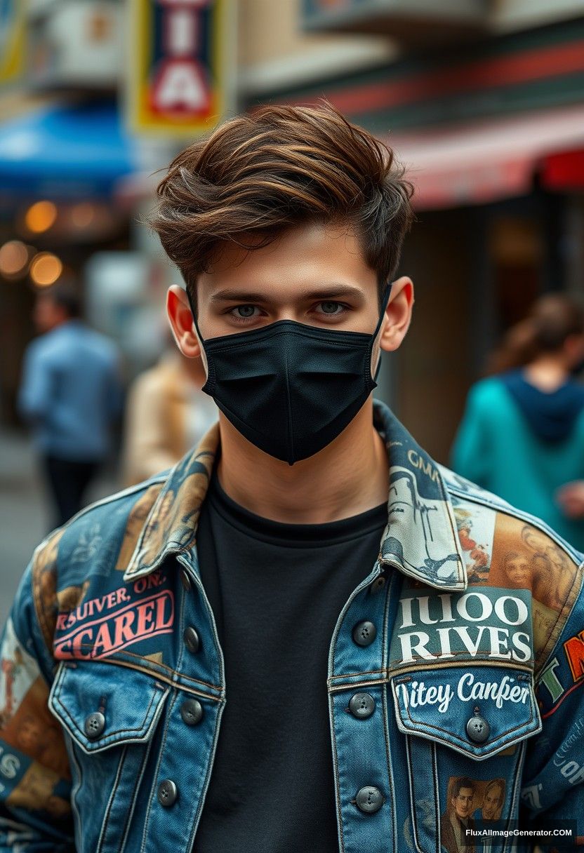 Jamie Dornan, young, black face mask, collage jacket, jeans, hyper-realistic, street photography, auralis.