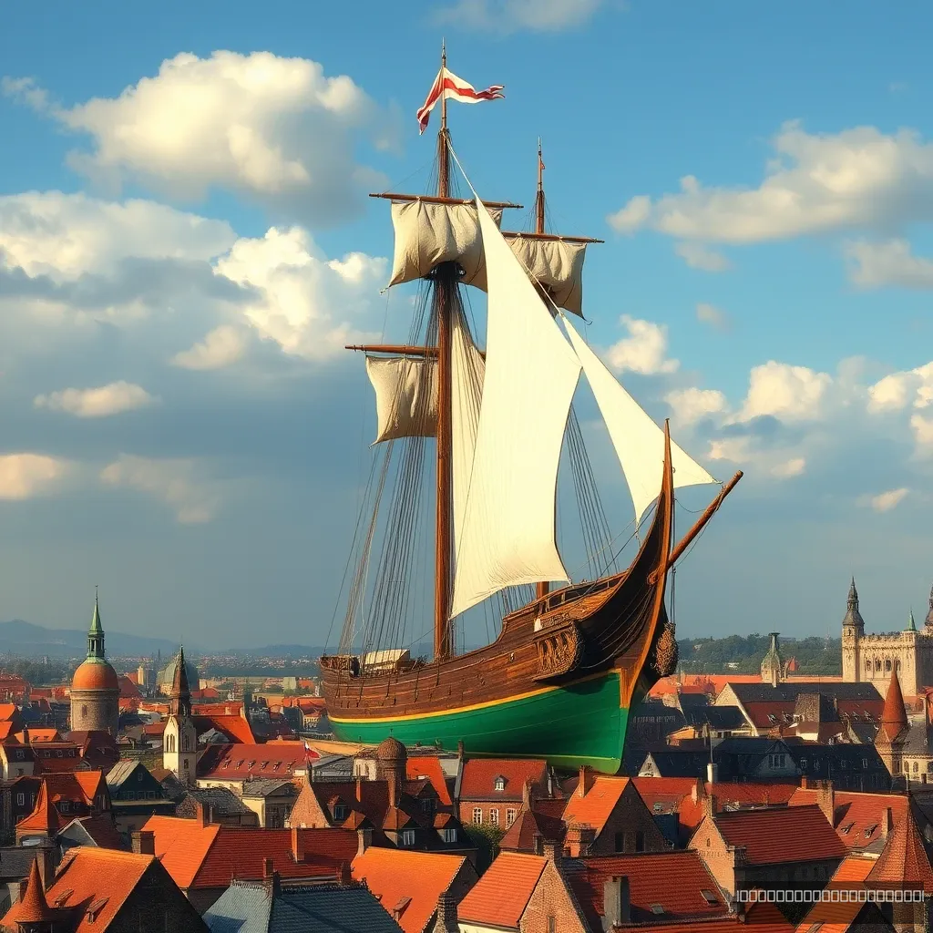 The huge three-mast sailing boat sailed over medieval cities, and the hull was green. - Image