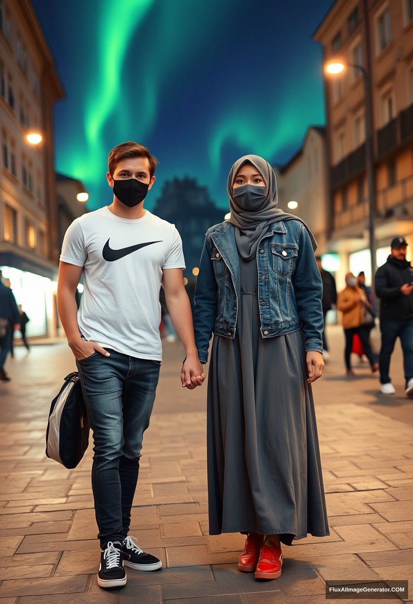 Jamie Dornan, handsome, wearing a black face mask, white Nike t-shirt, jeans, and sneakers, is seen dating a grey Hijab-wearing Muslim girl with beautiful eyes. She is also wearing a black face mask, a jeans jacket, and a very long and large skirt. She is not tall, and is wearing red sneakers. They are holding hands in a town setting, captured in photorealistic street photography, full photography, and selfie photos, against a night scenery with an aurora.