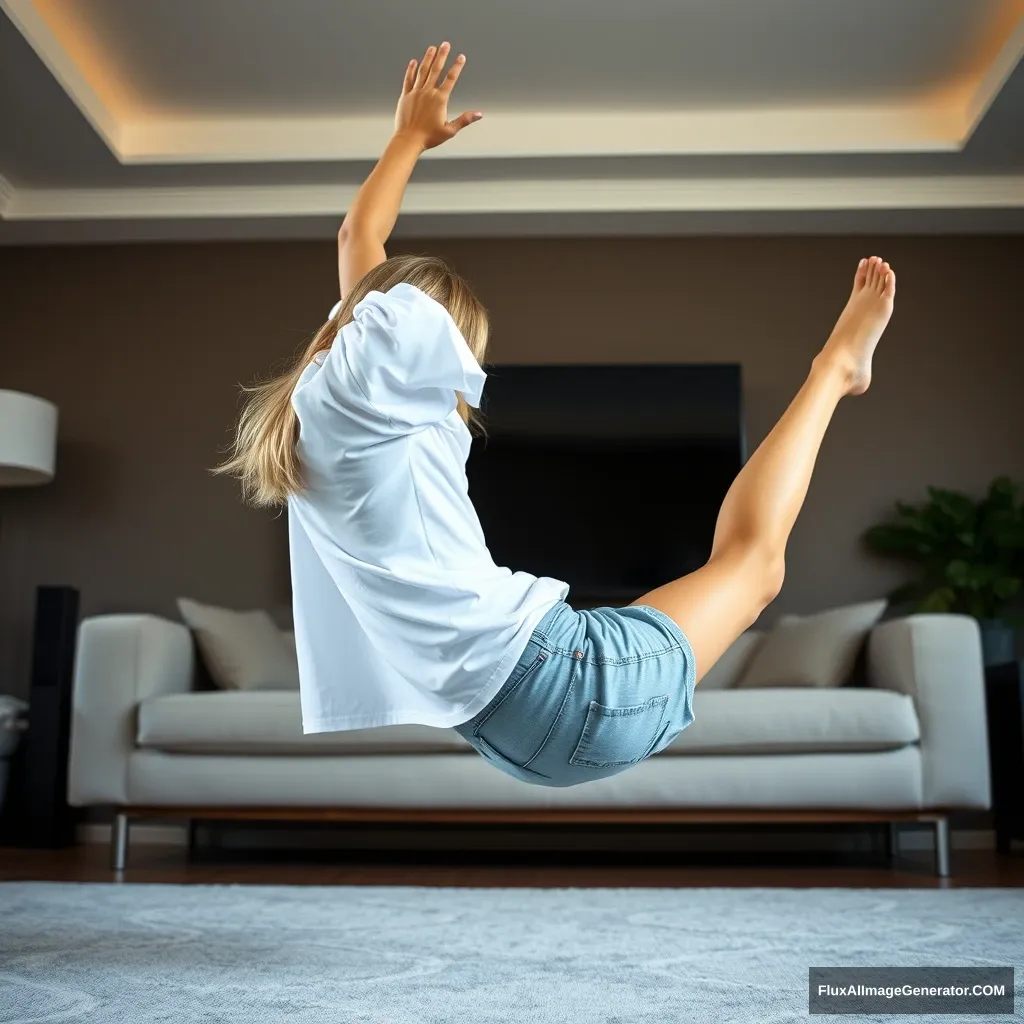 Side view angle of a blonde skinny woman who is in her massive living room wearing a massively oversized white t-shirt which is also very off balance on one of the sleeves for the shoulders and wearing oversized light blue denim shorts that aren't rolled up. She is wearing no shoes or socks, facing her TV, and diving head first into it with both her arms raised below her head and her legs high up in the air at a 60-degree angle.