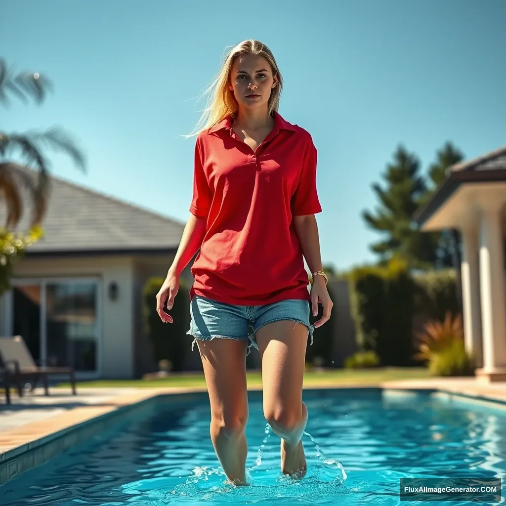 Front view of a young blonde skinny woman who has a good tan, is in her early twenties, is in her massive backyard wearing a massively oversized red polo t-shirt, which is a bit off balance on one of the shoulders. The collar and the bottom part of her t-shirt are NOT tucked in. She is also wearing half big-sized light blue denim shorts and has no shoes or socks. She jumps into the pool, and her legs are in the water.