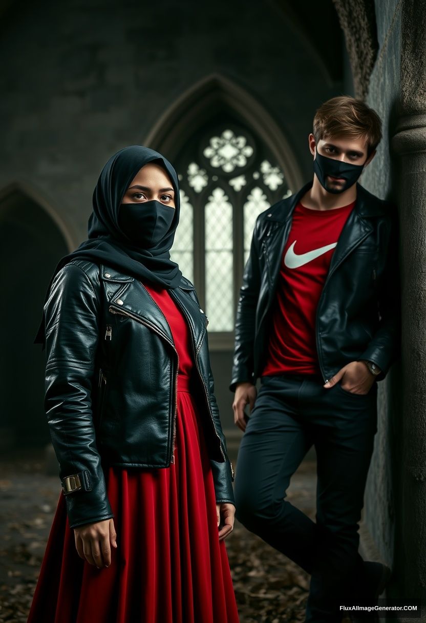 A big black hijab girl, beautiful eyes, black face mask, black leather jacket, biggest red longest dress, not tall, leaning against him,

Jamie Dornan, handsome, black face mask, fit and tough body, red Nike t-shirt, black leather jacket, jeans, tall man, leaning against the wall.

Hyper-realistic, photorealistic, studio photography, Victoria's abandoned castle, gloomy. - Image