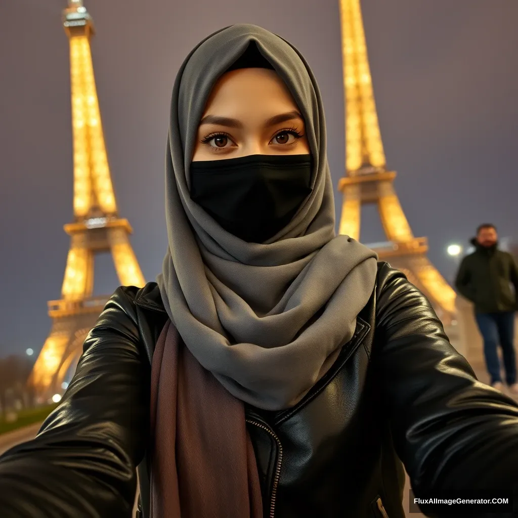 Biggest grey hijab Muslim girl, beautiful eyes, black face mask, leather jacket, biggest longest skirt, standing near the Eiffel Tower, night scenery, hyper-realistic, photorealistic, selfie photos. - Image