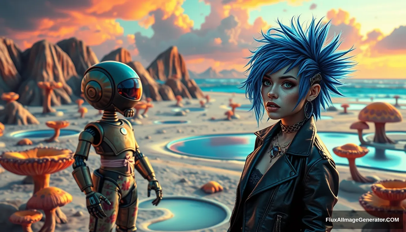 A vivid, high-contrast scene features a punk girl with electric blue spiky hair, rendered in the intricate style of Enki Bilal with ray tracing effects. Photo: Digital painting of a vivid, high-contrast scene features a punk girl with electric blue spiky hair and a leather jacket, beside a charming retro-futuristic robot in Hawaiian shorts, on a surreal alien beach adorned with iridescent fungi and shimmering lakes, all beneath a vibrant, dreamlike sky. - Image