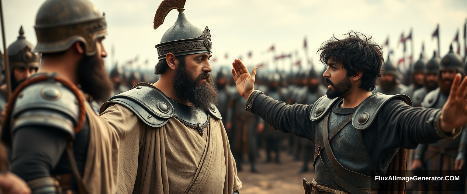 Create an image of two men standing apart and arguing while onlookers crowd around. The man on the right is a young man with his arms stretched out to the sides, looking shocked, with dark messy unkempt hair and a beard, resembling a simple biblical-era shepherd, and he is looking sternly at the left eye of the other man. The other man appears middle-aged, holding up his left hand trying to stop the young man, with a Jewish black beard, wearing a full suit of bronze-age leather armor and a conical helmet with a pointed tip. The background depicts a blurred crowd of soldiers also wearing armor similar to that of the king. Standing on the horizon further in the background is a blurred front of a large biblical-era army. The overall mood of the image conveys anxiety and concern.