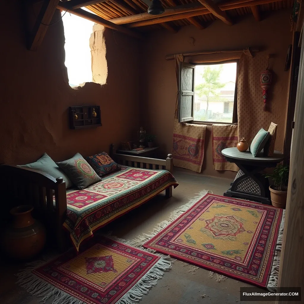 Imagine a cozy room in a traditional Pakistani village home.

Structure and Layout: Describe the layout of the room, noting its simple, rustic architecture with clay walls and a thatched roof. The floor is covered with woven rugs made from natural fibers, providing warmth and comfort.

Furniture and Decor: Picture essential furniture like a wooden charpoy (bed) adorned with colorful embroidered quilts and cushions. There may be a small wooden table in one corner, holding a brass lantern and a few books or decorative items.

Natural Elements: Include elements of nature—perhaps a window with a view of the village outside, letting in gentle evening light, and a small indoor plant that adds a touch of greenery.

Cultural Touches: Highlight any cultural decorations like traditional pottery, wall hangings, or family photos that reflect the heritage and history of the family living there.

Atmosphere: Capture the overall atmosphere of tranquility and warmth, where the room feels inviting and represents the simplicity and beauty of village life.

Use this prompt to create a detailed image or description that brings the essence of a Pakistani village room to life!