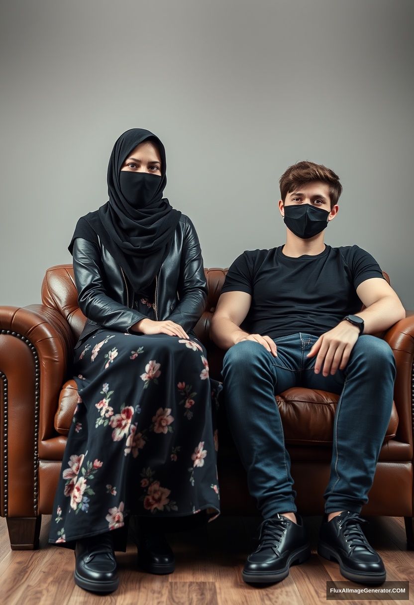 A slim girl in a black hijab burqa with beautiful eyes, wearing a black leather jacket and the biggest floral long dress, along with black leather sneakers, is sitting on a leather single wing sofa. Near her is Jamie Dornan, the youngest, dressed in a black T-shirt and jeans, black leather sneakers, a tall man with a fit body and a black face mask, sitting comfortably beside her. The scene is hyper-realistic, captured in studio photography.