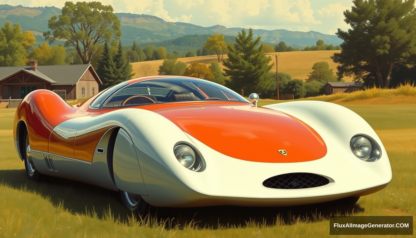 a 1960s futuristic concept car, as painted by Syd Mead, country setting, 4k. - Image