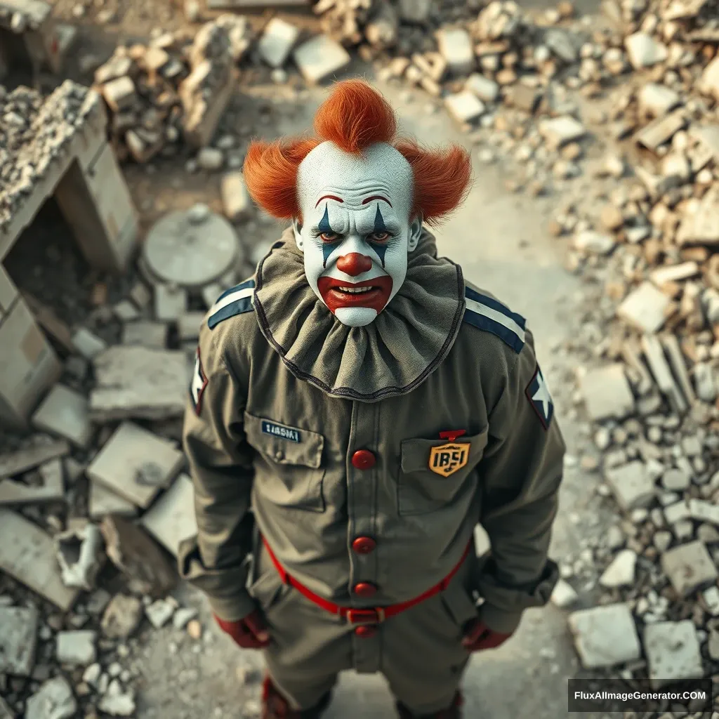 A very sad crying clown in an IDF uniform standing in the middle of ruins. Bird's eye perspective from some distance. Hyperreal. - Image