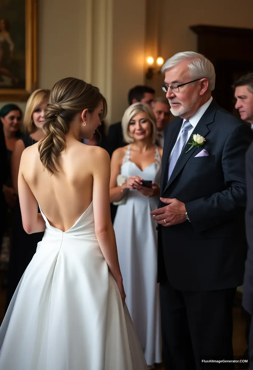 A petite young woman, sensitive, delicate, girly, wearing a backless, strapless, side-less, low-waisted contouring wedding dress with a loose front. Fawning obediently while mingling with fathers. Expectations. Perfect posture. Pale skin.