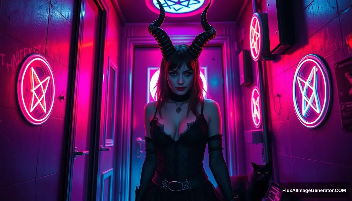 A striking portrait of a beautiful goth woman demon entering a dimly lit cyberpunk room, vibrant neon hues reflecting off metallic surfaces, with glowing pentagrams on the walls and a lurking black cat.