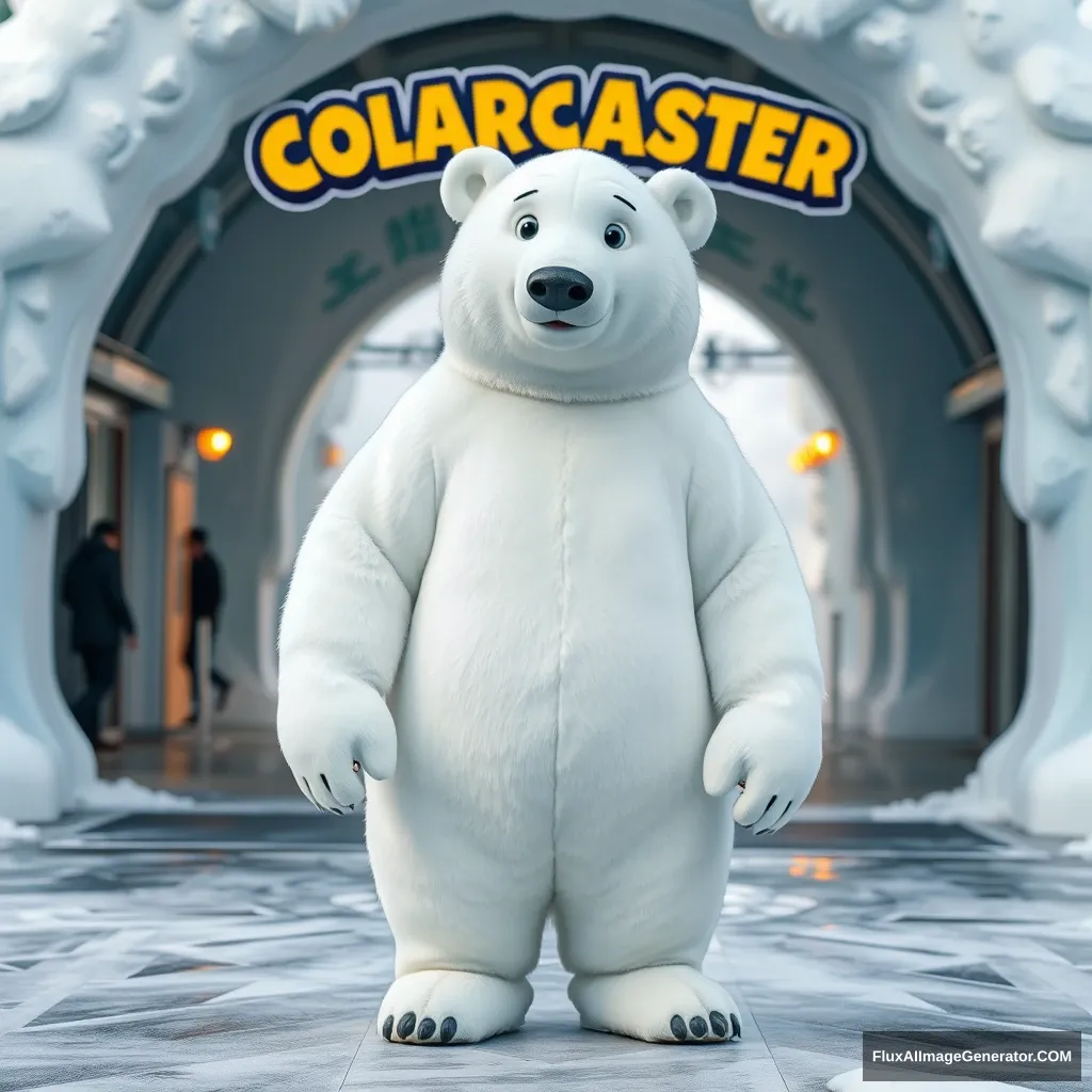 A full body portrait of a realistic cartoon polar bear costume at an ice rollercoaster park entrance. - Image