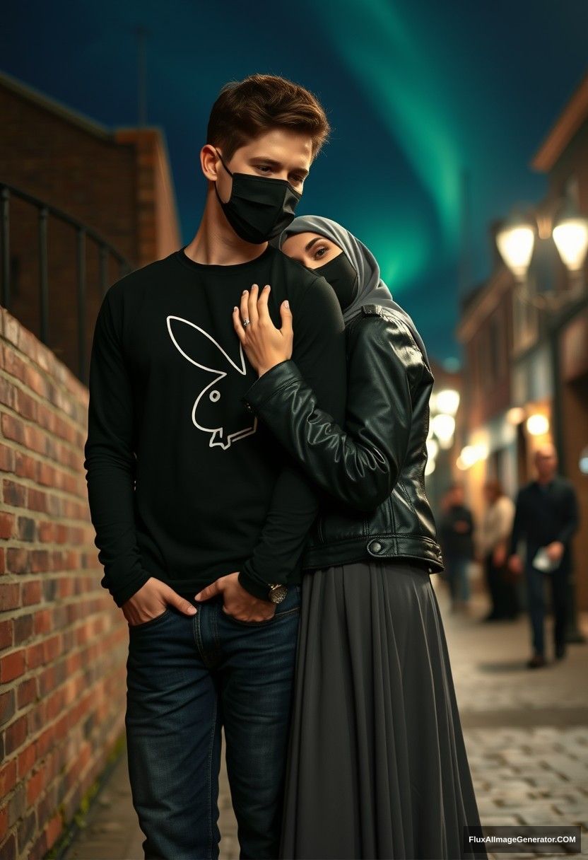 Jamie Dornan, tall and young, wearing a black face mask, a black long-sleeve Playboy t-shirt, and jeans, is dating a romantic Hijab-wearing grey Muslim girl with beautiful eyes, also in a black face mask, a leather jacket, and an extremely long and wide skirt. She is not tall. 

She is laying her head on his shoulder, hugging him from behind, persuading him, near a brick wall in town, in a photorealistic street photography scene at night with aurora borealis. - Image