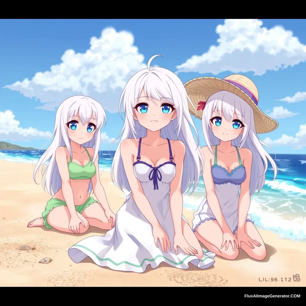 3 girls, beach, white hair, blue eyes, animation