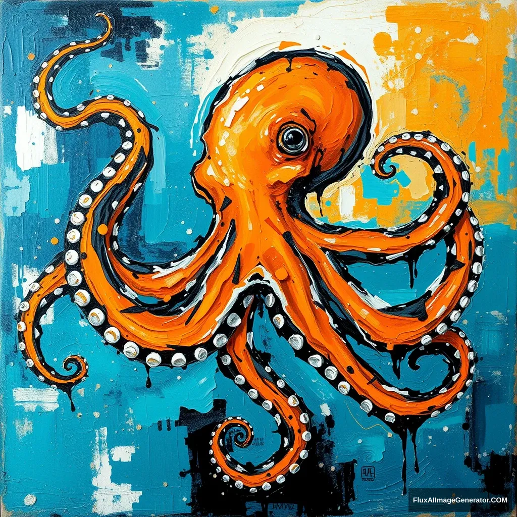 beautiful, impasto, very visible brushstrokes, oil paint, golden ratio, abstract, conceptual art, abstract expressionism, want to express the tension between orange turquoise hues of blue white and black, an ancient Greece octopus insinuated, in the style of Driskell