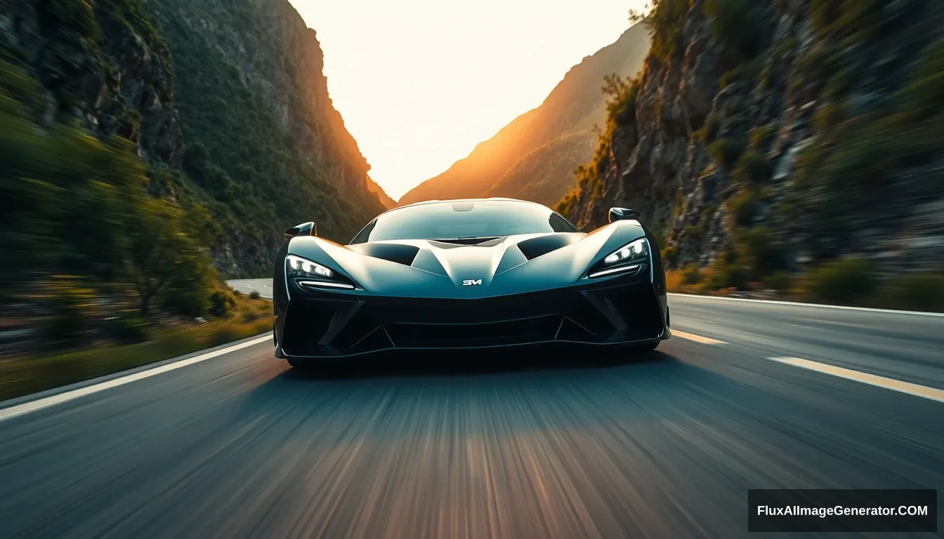 (super car:1.5) front view, sleek design, (shiny metallic finish:1.3), racing from a winding mountain road, surrounded by lush greenery and dramatic cliffs, (sunset lighting:1.2) casting warm hues, dynamic motion blur enhancing speed, reflections on the car's surface, (high detail:1.4), cinematic atmosphere, (4k:1.2), inspired by automotive photography.