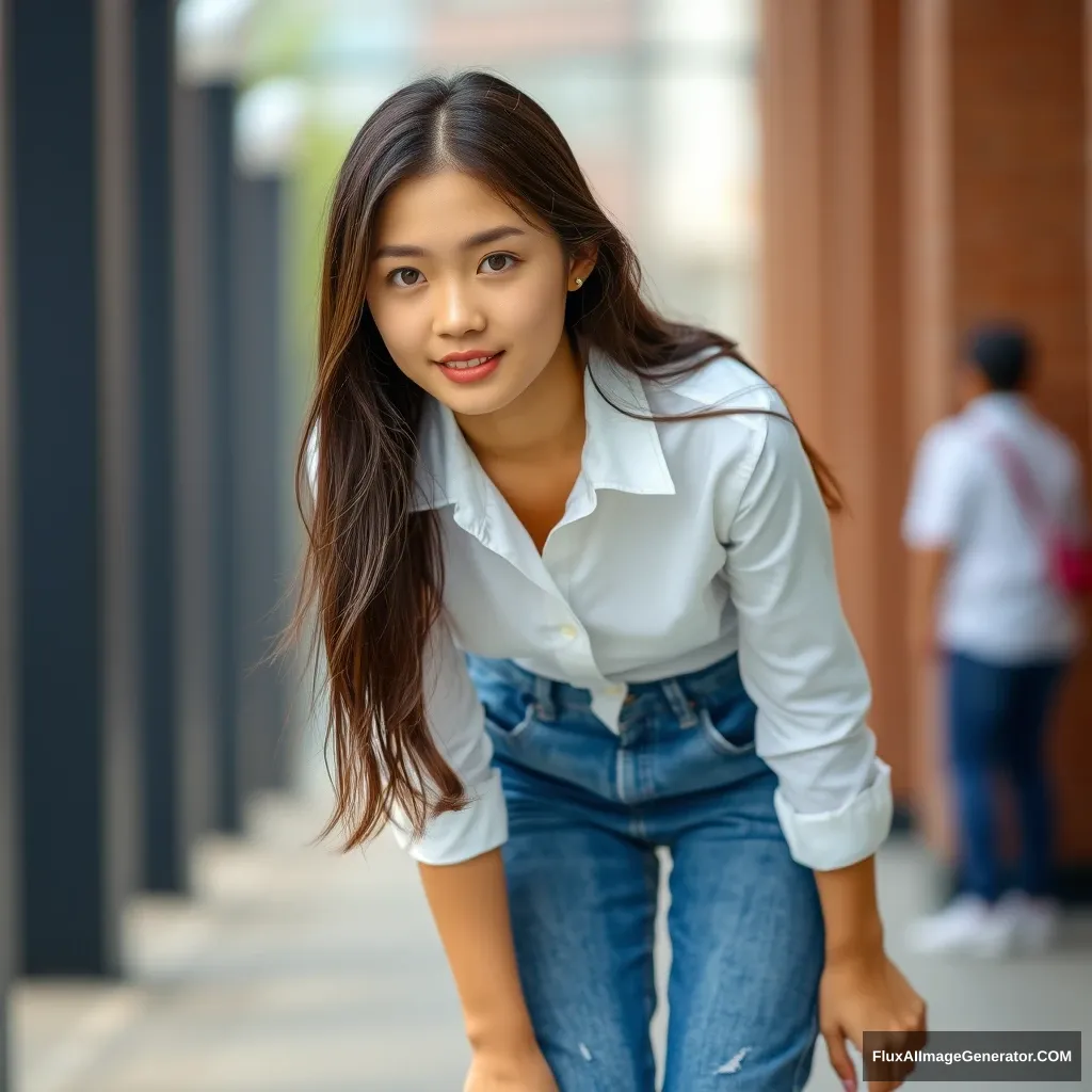 A photo of a pretty young Asian woman, in a white buttoned shirt and blue jeans, full body portrait, leaning forward. - Image