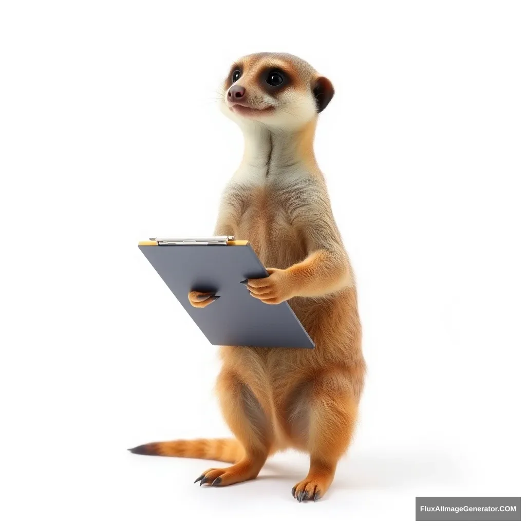 Create a photo: A meerkat is standing in front of a white background and holding a clipboard with a pen in its hand. - Image