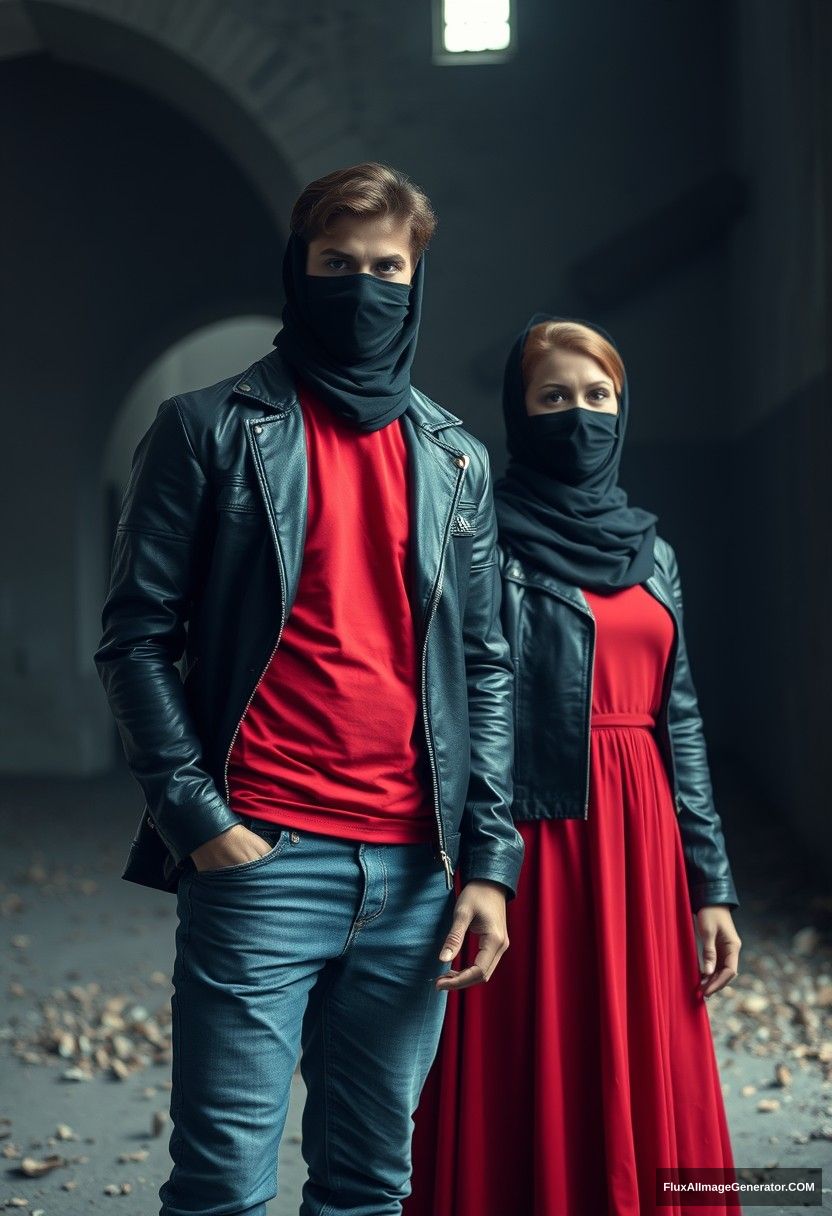 A biggest black hijab girl, beautiful eyes, face mask black, black leather jacket, biggest red longest dress, untall,

Jamie Dornan, handsome, face mask black, fit and tough body, Nike red t-shirt, black leather jacket, jeans, tall man,

standing near wall together, 
Hyper realistic, photorealistic, studio photography, Victoria's abandoned castle, gloomy, darkness. - Image