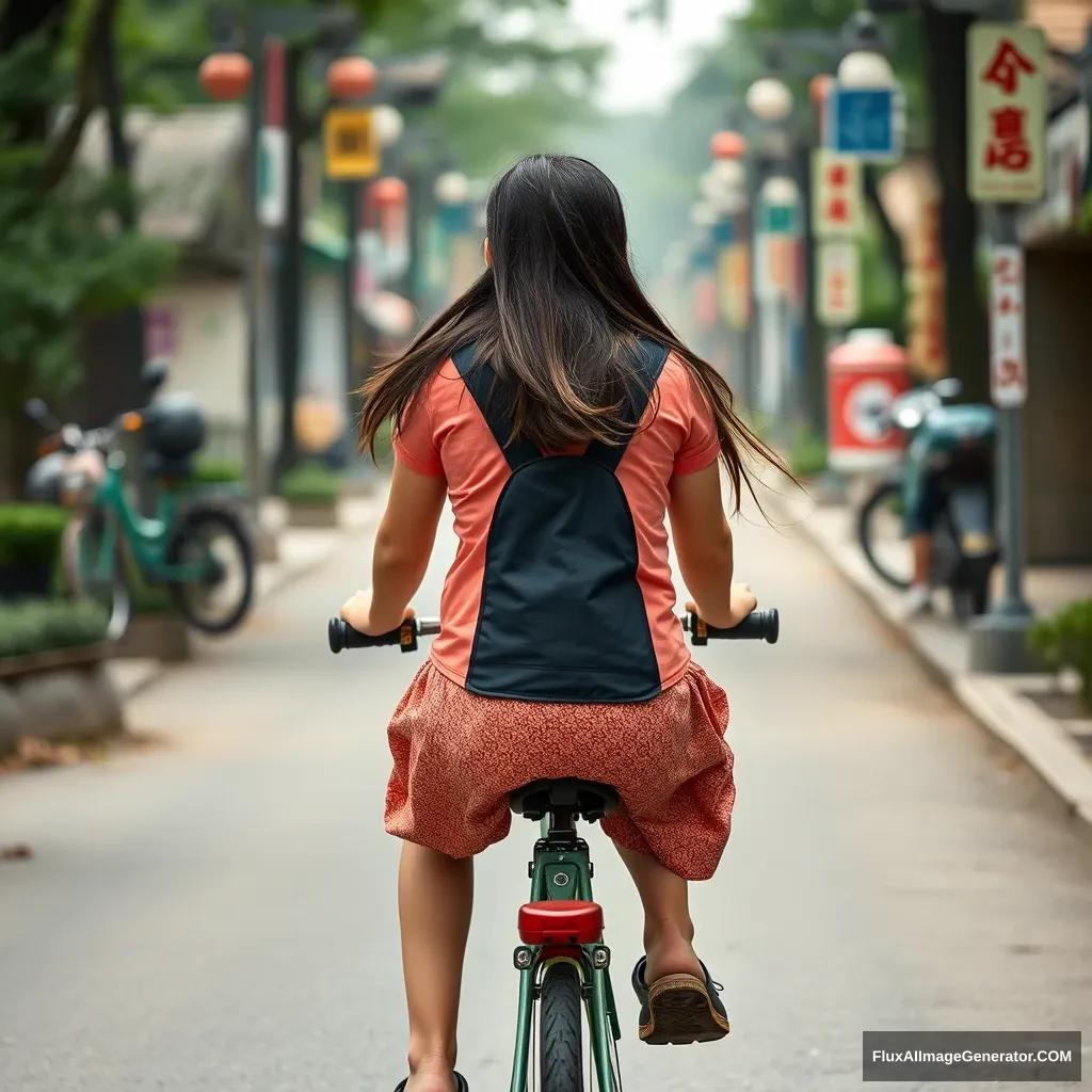 A girl riding a bicycle, from a perspective behind, Chinese.