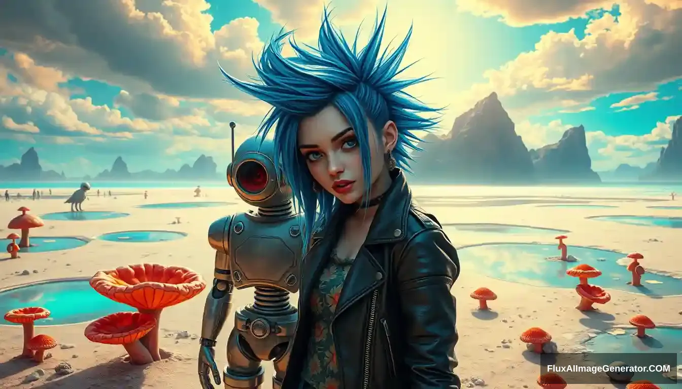 A scene features a punk girl with electric blue spiky hair rendered in the intricate style of Enki Bilal with ray tracing effects. Photo: Digital painting of a vivid, high-contrast scene features a punk girl with electric blue spiky hair and a leather jacket, beside a charming retro-futuristic robot in Hawaiian shorts, on a surreal alien beach adorned with iridescent fungi and shimmering lakes, all beneath a vibrant, dreamlike sky. - Image