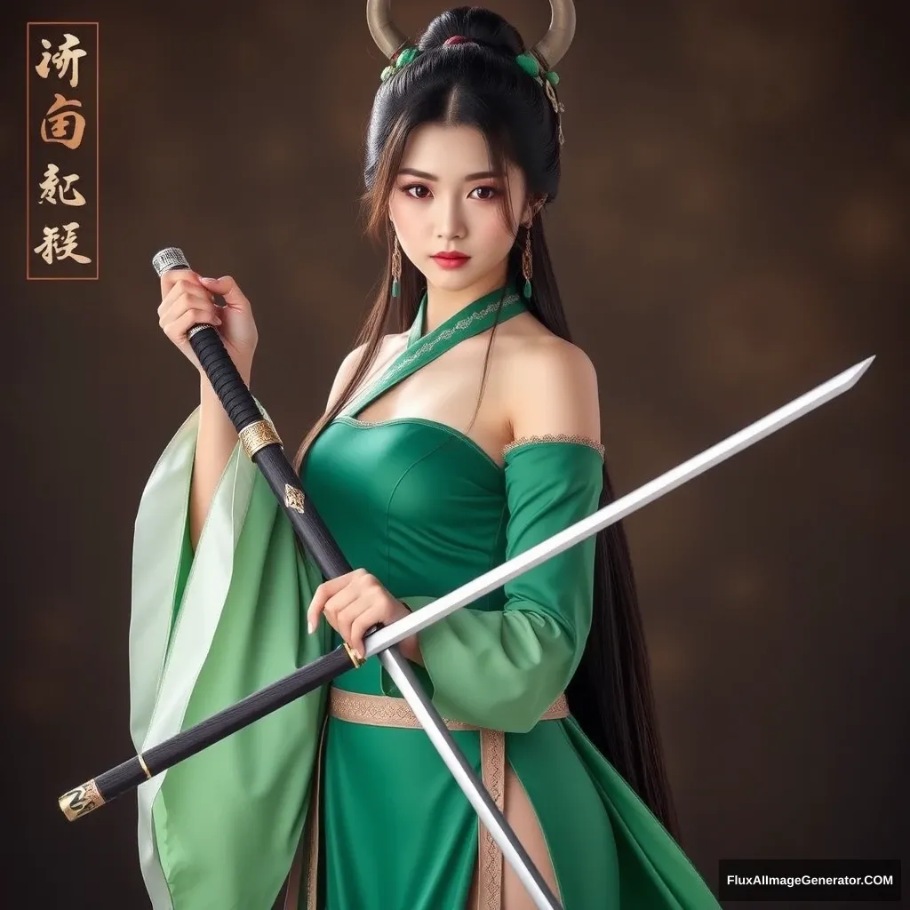 A beautiful woman in ancient Chinese attire, dressed in a fitted green gown, exudes a sense of ancient charm, elegance, and grace. With long hair and long legs, she embodies the spirit of an ancient heroine, holding a slender sword that accentuates her figure.