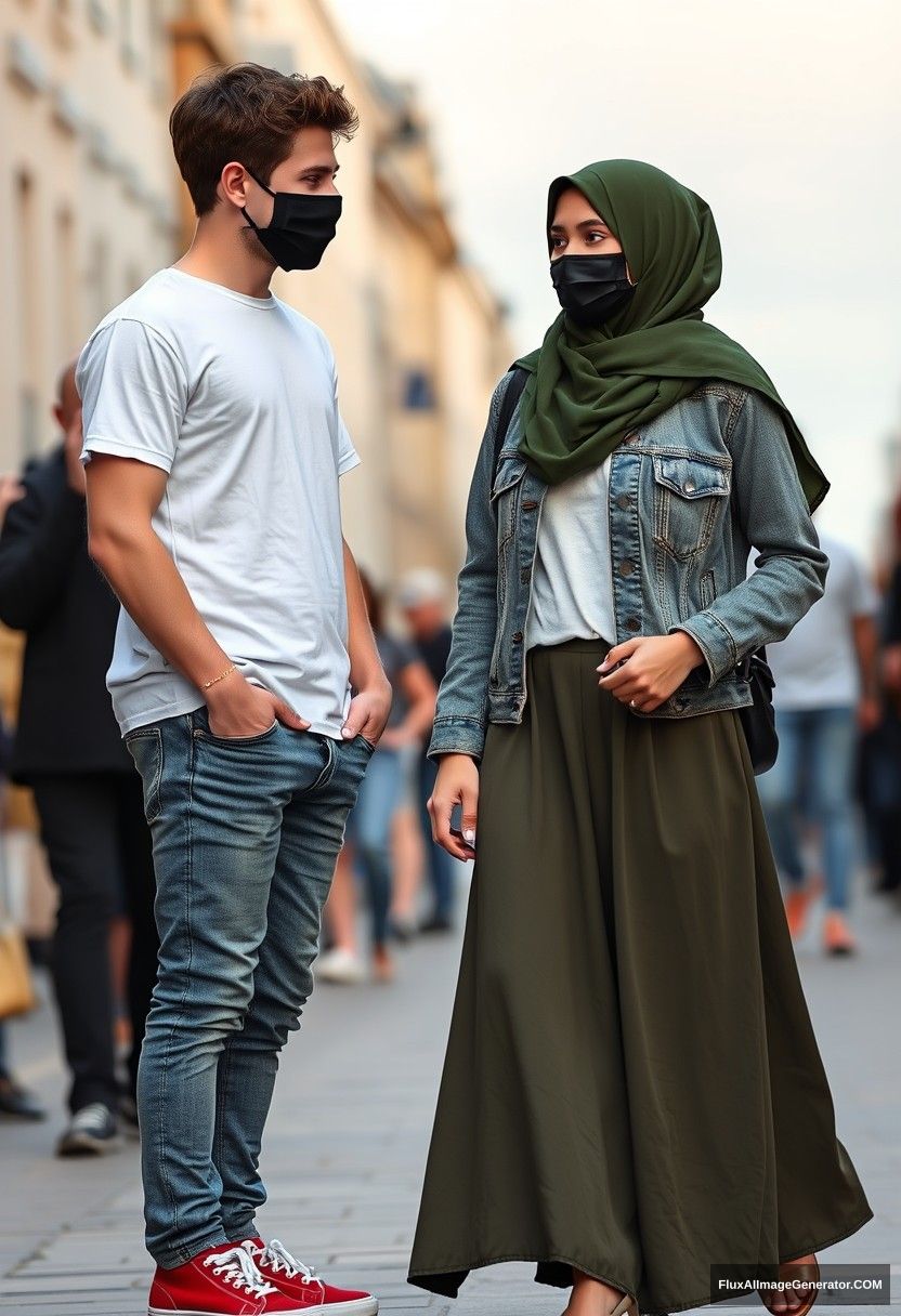 Jamie Dornan, young, black face mask, white T-shirt, jeans, red sneakers, dating a romantic Hijab-wearing Muslim girl in army green, with beautiful eyes, black face mask, jean jacket, longest skirt, not tall girl, photorealistic, street photography, full photography. - Image