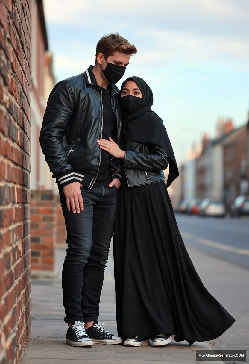 Jamie Dornan, handsome, young, wearing a black face mask, collage jacket, jeans, dating a beautiful, romantic Muslim girl in the biggest black hijab, with beautiful eyes, also wearing a black face mask, black leather jacket, sneakers, and the longest skirt, standing or lying by a brick wall in the town's morning scenery, photorealistic street photography.